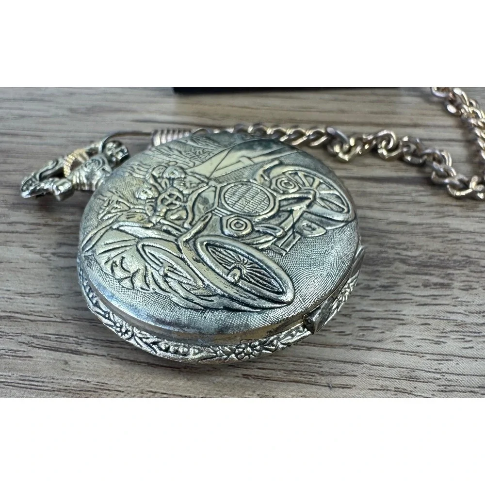 Azur Pocket Watch Gold Tone Vintage Car Embossed Quartz Chain